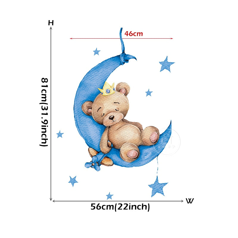 Cute Moon Snooze Teddybear PVC Wall Decals Removable Vinyl Wall Stickers For Nursery Decor Kid's Room Baby's Room Creative DIY Wall Decor