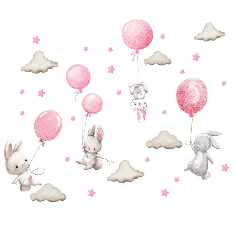 Pink Balloon Cloud Bunnies Vinyl Wall Decals Removable PVC Stickers For Nursery Room Decor Kindergarten Creative DIY Home Children's Room Decor