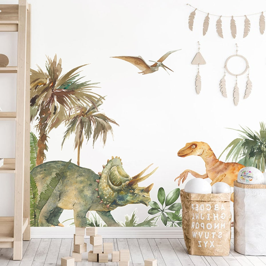 Cartoon Triceratops Dinosaur Scene Nursery Wall Mural PVC Removable Vinyl Wall Decals For Kid's Room Playroom Classroom Creative DIY Wall Decor