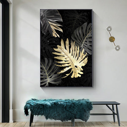 Black Golden Tropical Leaves Wall Art Fine Art Canvas Prints Modern Exotic Botanical Fashion Pictures For Living Room Dining Room Home Office Decor