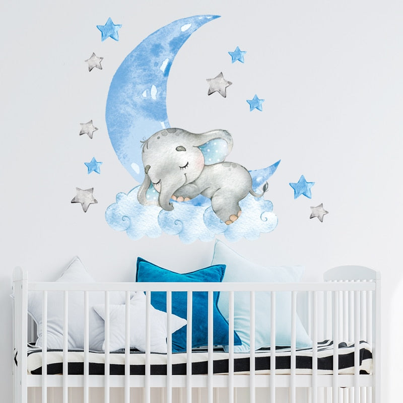 Blue Moon Elephant Hot Air Balloon Wall Decals Removable PVC Vinyl Wall Stickers For Nursery Decor Boy's Room Cute Creative DIY Home Decor