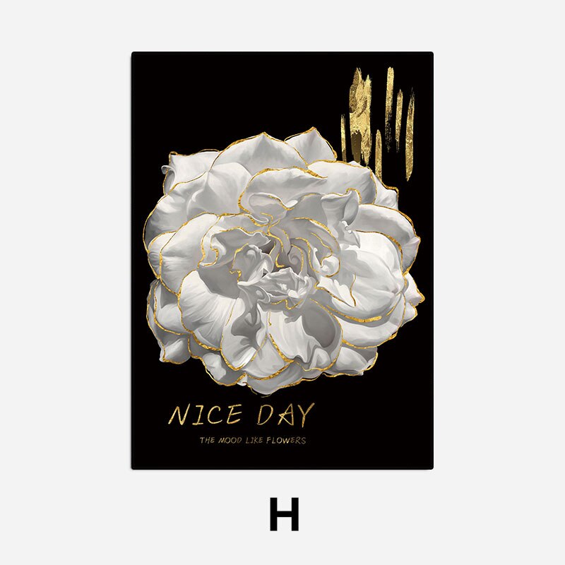 White Golden Flowers Floral Chic Botanical Wall Art Fine Art Canvas Prints Pictures For Luxury Living Room Bedroom Salon Wall Decoration