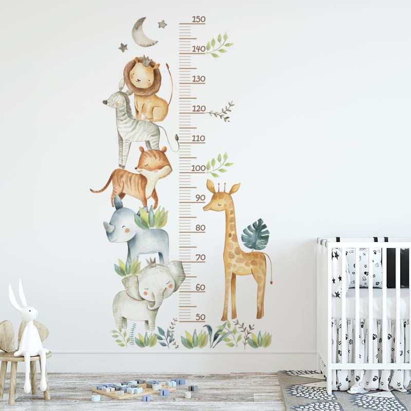 Hippo Elephant Giraffe Cute Animals Kid's Height Measurement Ruler Vinyl Wall Mural Removable PVC Wall Decals For Creative DIY Nursery Decor