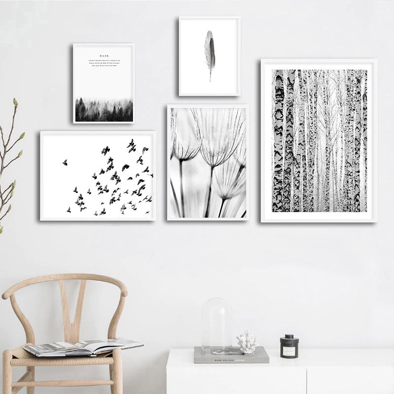 Scandinavian Forest Scenes Minimalist Black & White Gallery Wall Art Nordic Style Fine Art Canvas Prints For Living Room Modern Home Decor