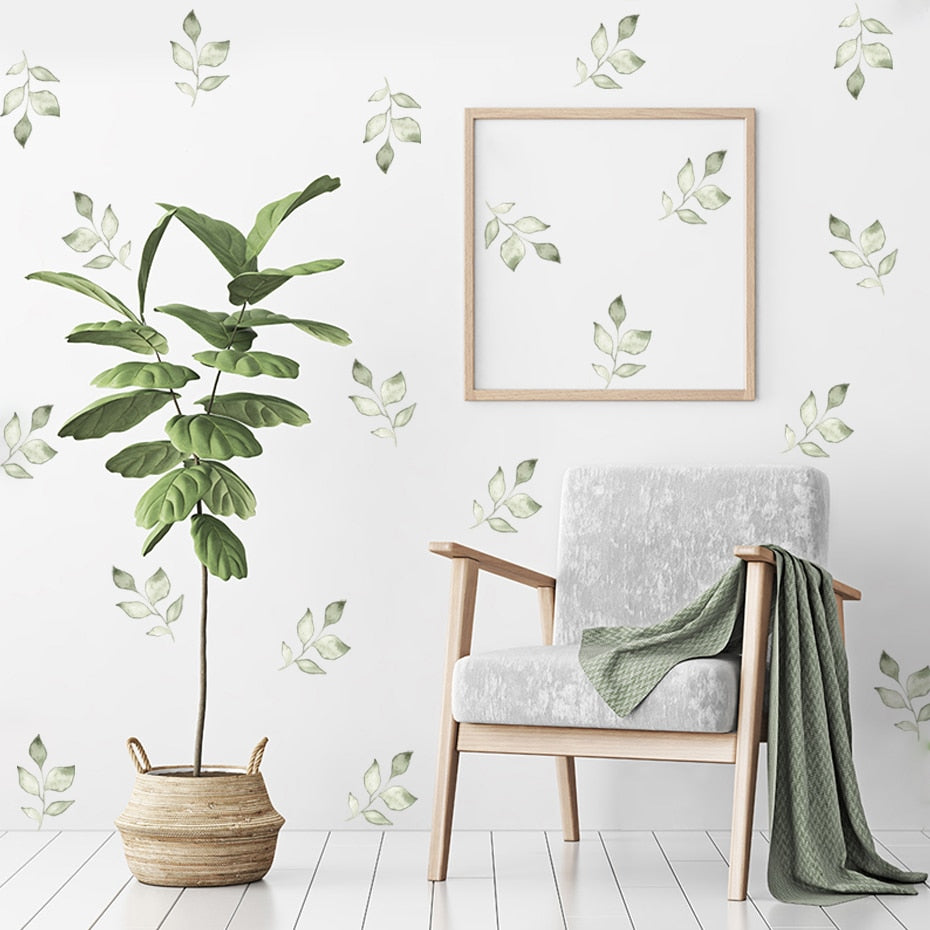 Green Leaf Sprigs Watercolor Wall Decals Removable PVC Vinyl Wall Stickers For Kitchen Dining Room Living Room Simple Creative DIY Home Decor