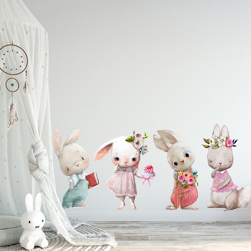 Balloon Bunnies Cute Pink Wall Decals Removable Vinyl PVC Wall Stickers For Baby Girl's Room Nursery Wall Decoration Creative DIY Home Decor