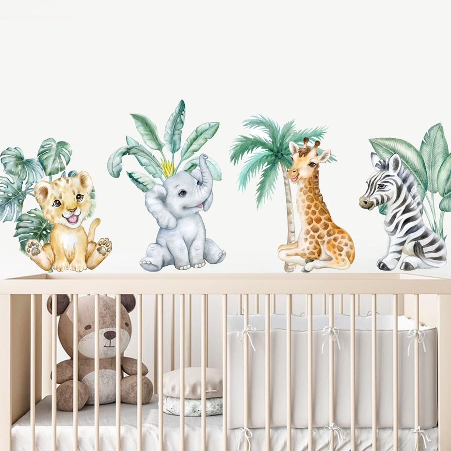 Lion Elephant Giraffe Cute African Animals Wall Mural Removable Vinyl PVC Wall Decals For Nursery Room Creative Baby's Room DIY Wall Decor