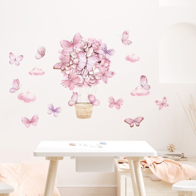 Pink Butterfly Balloon Nursery Wall Mural Removable Vinyl PVC Wall Stickers Decals For Baby's Room Children's Bedroom Creative DIY Home Decor