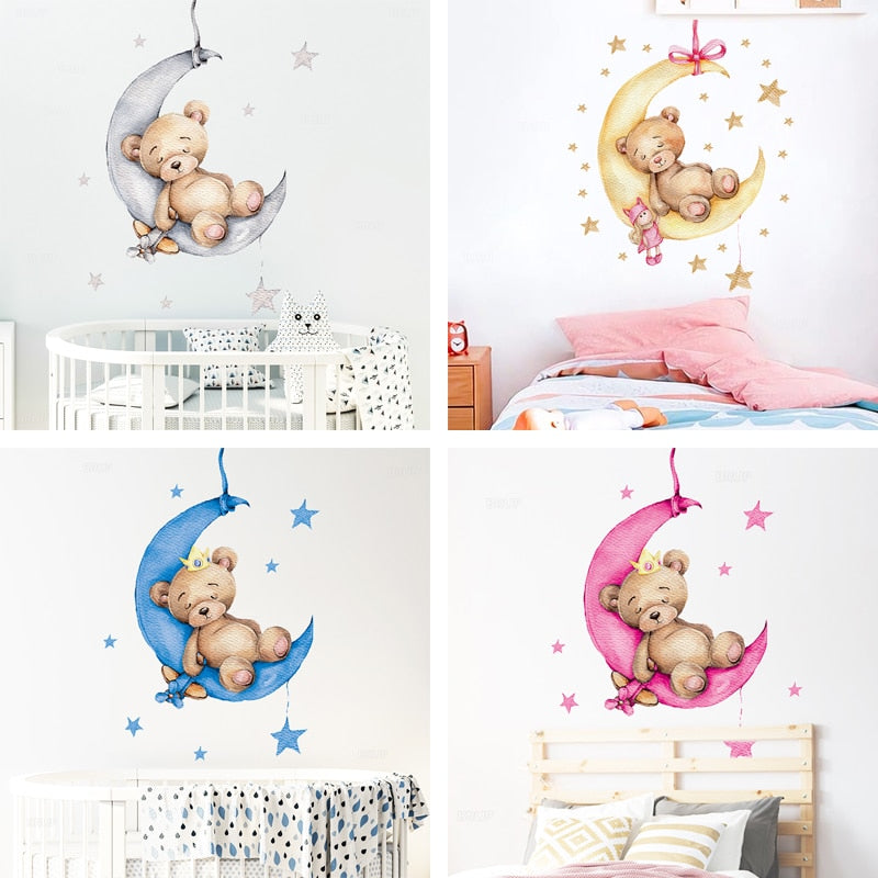Cute Moon Snooze Teddybear PVC Wall Decals Removable Vinyl Wall Stickers For Nursery Decor Kid's Room Baby's Room Creative DIY Wall Decor