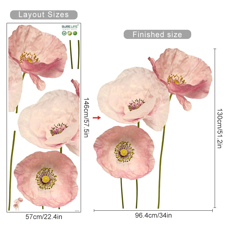 Big Pink Poppies Watercolor Floral Mural Vinyl Wall Decal Removable PVC Wall Stickers For Living Room Bedroom Creative DIY Nursery Wall Decor