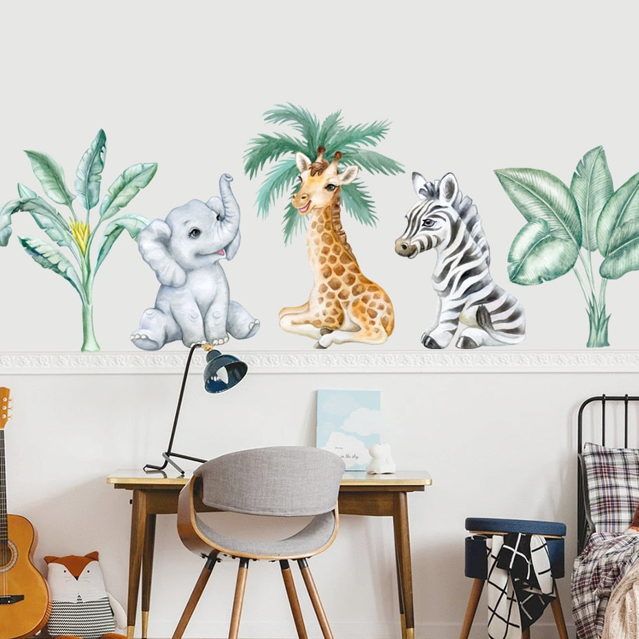 Lion Elephant Giraffe Cute African Animals Wall Mural Removable Vinyl PVC Wall Decals For Nursery Room Creative Baby's Room DIY Wall Decor