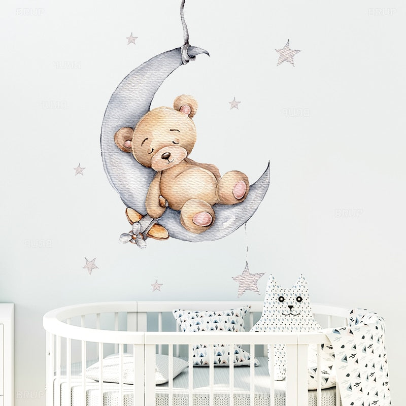 Cute Moon Snooze Teddybear PVC Wall Decals Removable Vinyl Wall Stickers For Nursery Decor Kid's Room Baby's Room Creative DIY Wall Decor