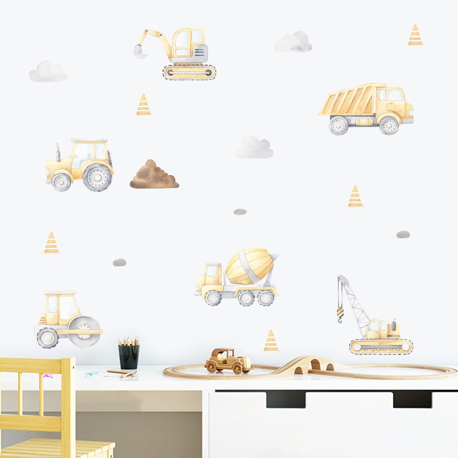 Cartoon Construction Trucks Wall Stickers For Boy's Bedroom Removable PVC Vinyl Wall Decals For Children's Room Kindergarten Playroom DIY Wall Decor
