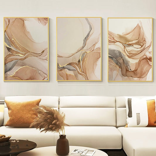 Modern Abstract Liquid Beige Golden Liquid Marble Wall Art Fine Art Canvas Prints Pictures For Luxury Living Room Chic Bedroom Art Decor