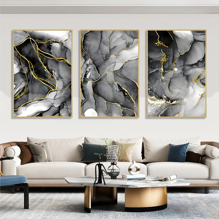 Black Gray Golden Vein Marble Wall Art Fine Art Canvas Prints Pictures For Modern Apartment Living Room Home Office Decor
