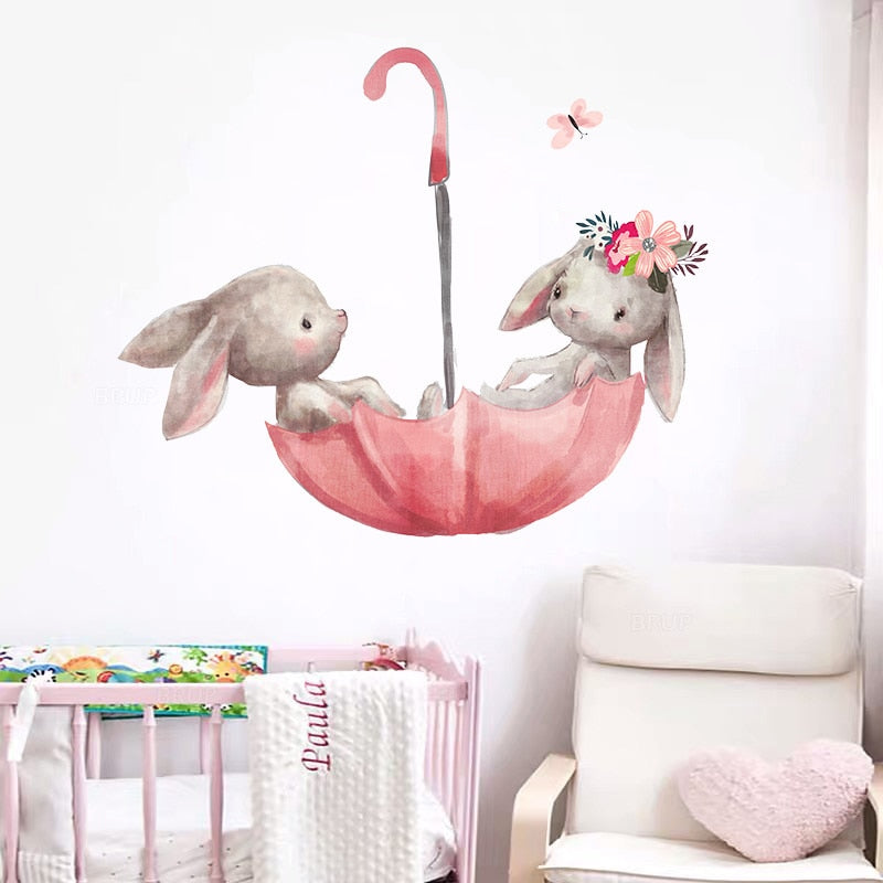 Balloon Bunnies Cute Pink Wall Decals Removable Vinyl PVC Wall Stickers For Baby Girl's Room Nursery Wall Decoration Creative DIY Home Decor