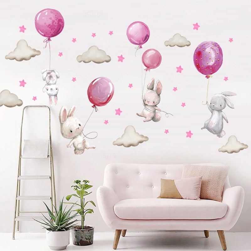 Pink Balloon Cloud Bunnies Vinyl Wall Decals Removable PVC Stickers For Nursery Room Decor Kindergarten Creative DIY Home Children's Room Decor