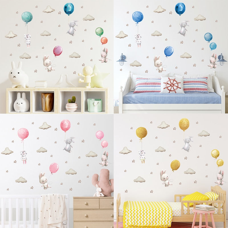 Pink Balloon Cloud Bunnies Vinyl Wall Decals Removable PVC Stickers For Nursery Room Decor Kindergarten Creative DIY Home Children's Room Decor