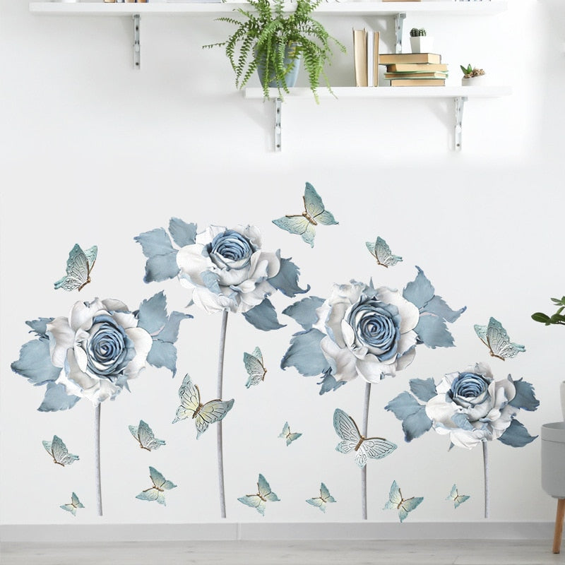 Big Blue Floral Butterflies Vinyl Wall Decal Removable PVC Wall Sticker Mural For Living Room Bedroom Kitchen Wall Decor Creative Home DIY Wall Decoration