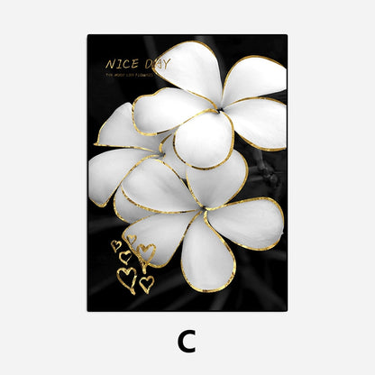 White Golden Flowers Floral Chic Botanical Wall Art Fine Art Canvas Prints Pictures For Luxury Living Room Bedroom Salon Wall Decoration