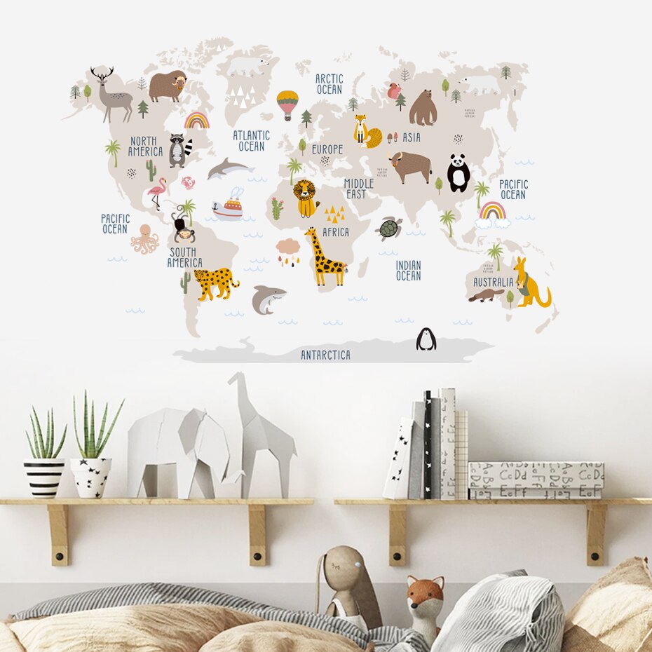 Cartoon Map Of World Animals Wall Mural PVC Removable Vinyl Wall Decal For Kid's Room Nursery Playroom Children's Bedroom Creative DIY Decor