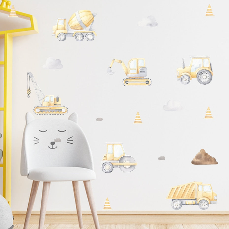 Cartoon Construction Trucks Wall Stickers For Boy's Bedroom Removable PVC Vinyl Wall Decals For Children's Room Kindergarten Playroom DIY Wall Decor