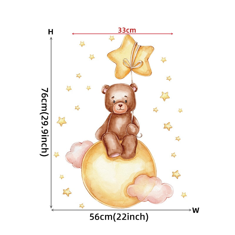 Cute Moon Snooze Teddybear PVC Wall Decals Removable Vinyl Wall Stickers For Nursery Decor Kid's Room Baby's Room Creative DIY Wall Decor