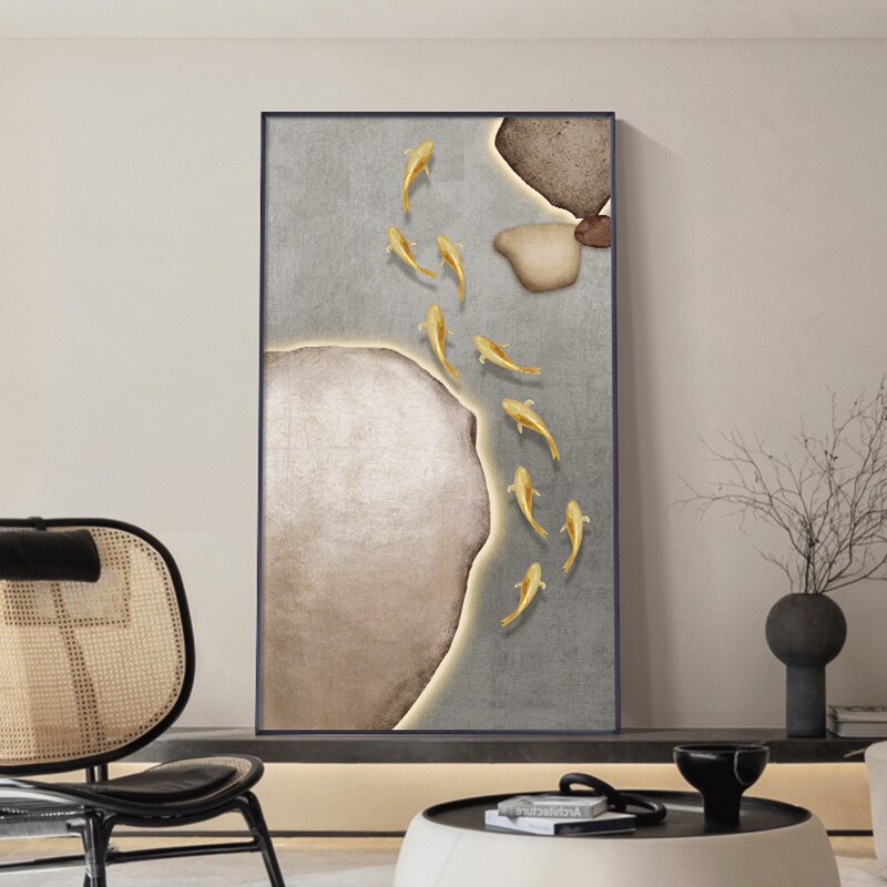 Neutral Colors Golden Fish Wall Art Fine Art Canvas Prints Auspicious Abstract Pictures For Living Room Dining Room Modern Home Office