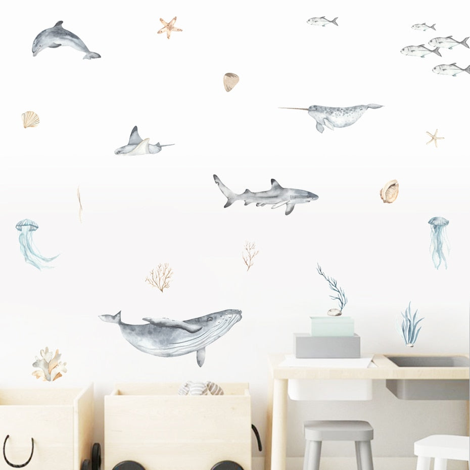 Whale Shark Dolphin Narwhal Jellyfish Ocean Creatures Wall Decals PVC Vinyl Removable Wall Stickers For Nordic Nursery Room Baby's Room Wall Decor