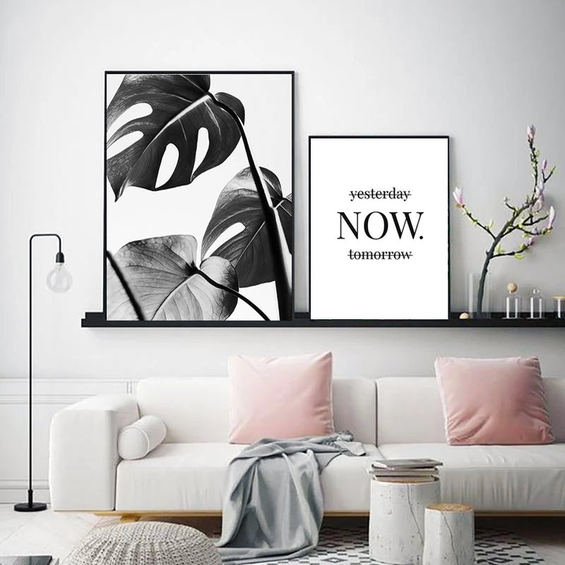 Stylish Black White Tropical Palm Leaves Wall Art Minimalist Today Quotation Fine Art Canvas Prints Nordic Style Modern Interiors Home Decor