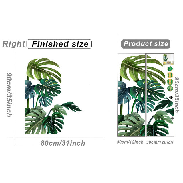 Tropical Green Leaves Vinyl Wall Mural Removable PVC Tropical Leaves Wall Sticker Decals For Living Room Dining Room Office Creative DIY Home Decor