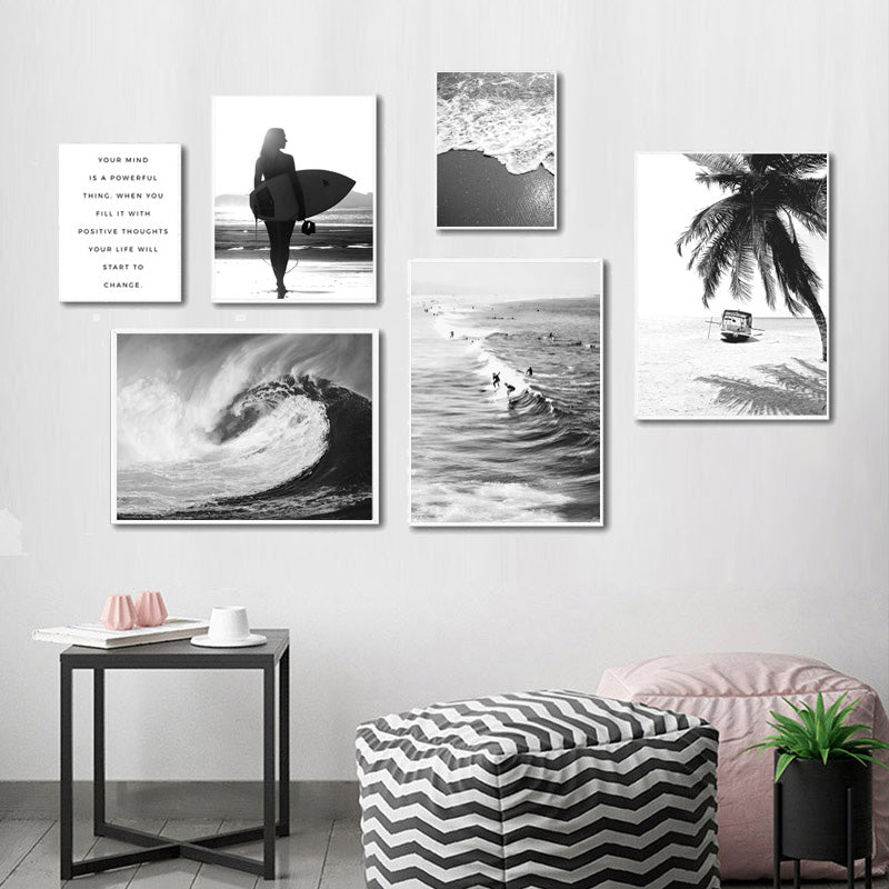 Tropical Surf Beach Ocean Seascape Wall Art Fine Art Canvas Prints Black White Gallery Wall Lifestyle Pictures For Living Room Bedroom Decor