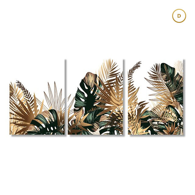 Tropical Green Golden Leaves Wall Art Fine Art Canvas Prints Minimalist Botanical Pictures For Living Room Dining Room Nordic Home Interior Decoration