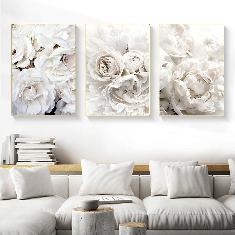 White Rose Floral Wall Art Fine Art Canvas Prints Peonies Pictures For Luxury Living Room Bedroom Modern Home Interior Design Wall Decor