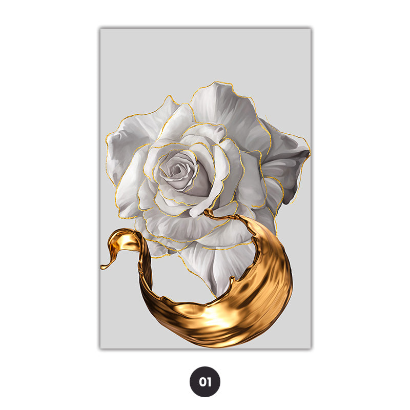 White Rose Golden Floral Wall Art Fine Art Canvas Prints Modern Abstract Botanical Pictures For Luxury Living Room Dining Room Bedroom Art Decor