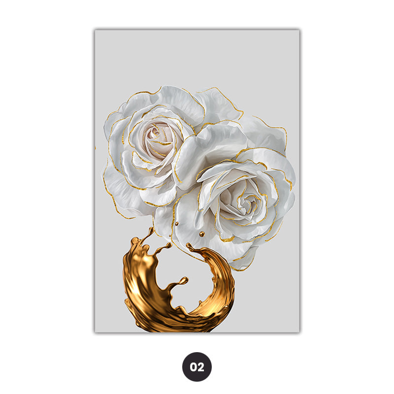 White Rose Golden Floral Wall Art Fine Art Canvas Prints Modern Abstract Botanical Pictures For Luxury Living Room Dining Room Bedroom Art Decor