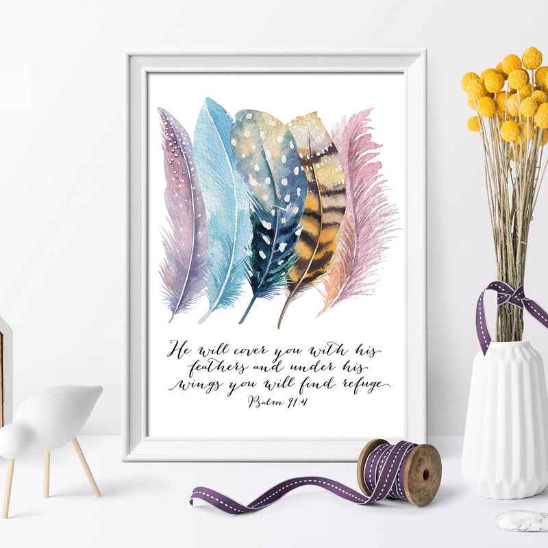 He Will Cover You With His Feathers Psalm Quotes Colorful Feather Art With Inspirational Quotations Fine Art Canvas Prints Nordic Style Decor