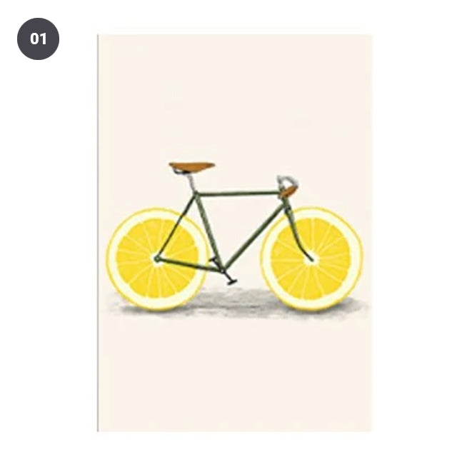 Orange & Lemon Fruit Bikes Canvas Prints Vintage Abstract Colorful Bicycle Art For Kitchen Art Posters For Modern Home Decor