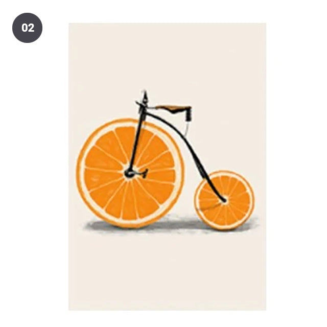 Orange & Lemon Fruit Bikes Canvas Prints Vintage Abstract Colorful Bicycle Art For Kitchen Art Posters For Modern Home Decor