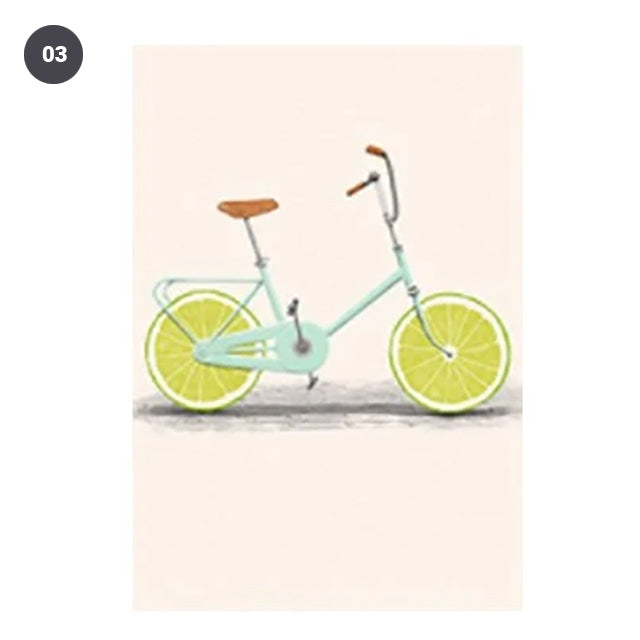 Orange & Lemon Fruit Bikes Canvas Prints Vintage Abstract Colorful Bicycle Art For Kitchen Art Posters For Modern Home Decor