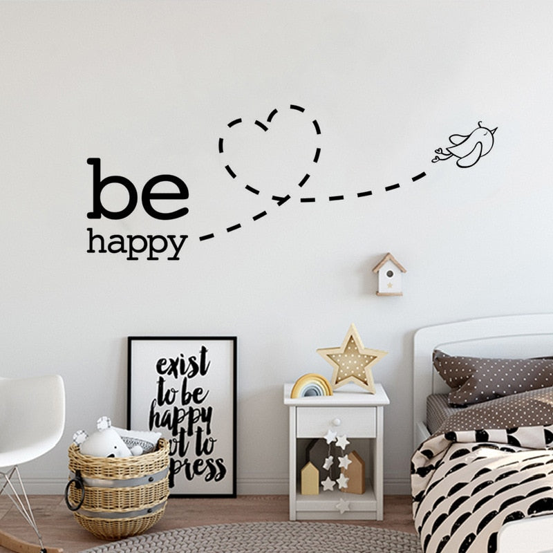 Happy Bird Wall Mural Be Happy Positive Affirmation Wall Art Decal Removable PVC Wall Sticker For Living Room Bedroom Wall Art Decor