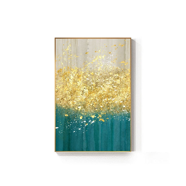 Golden Splash Abstract Wall Art Blue Jade Gold Fine Art Canvas Prints Contemporary Pictures For Modern Home Living Room Wall Decor