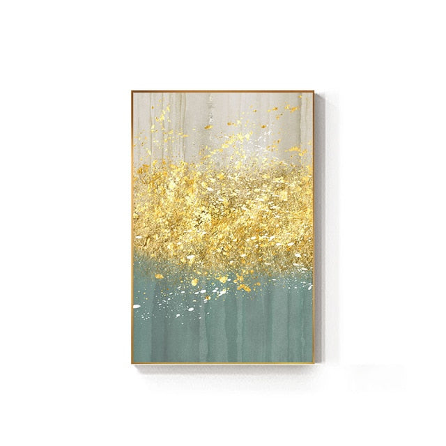 Golden Splash Abstract Wall Art Blue Jade Gold Fine Art Canvas Prints Contemporary Pictures For Modern Home Living Room Wall Decor