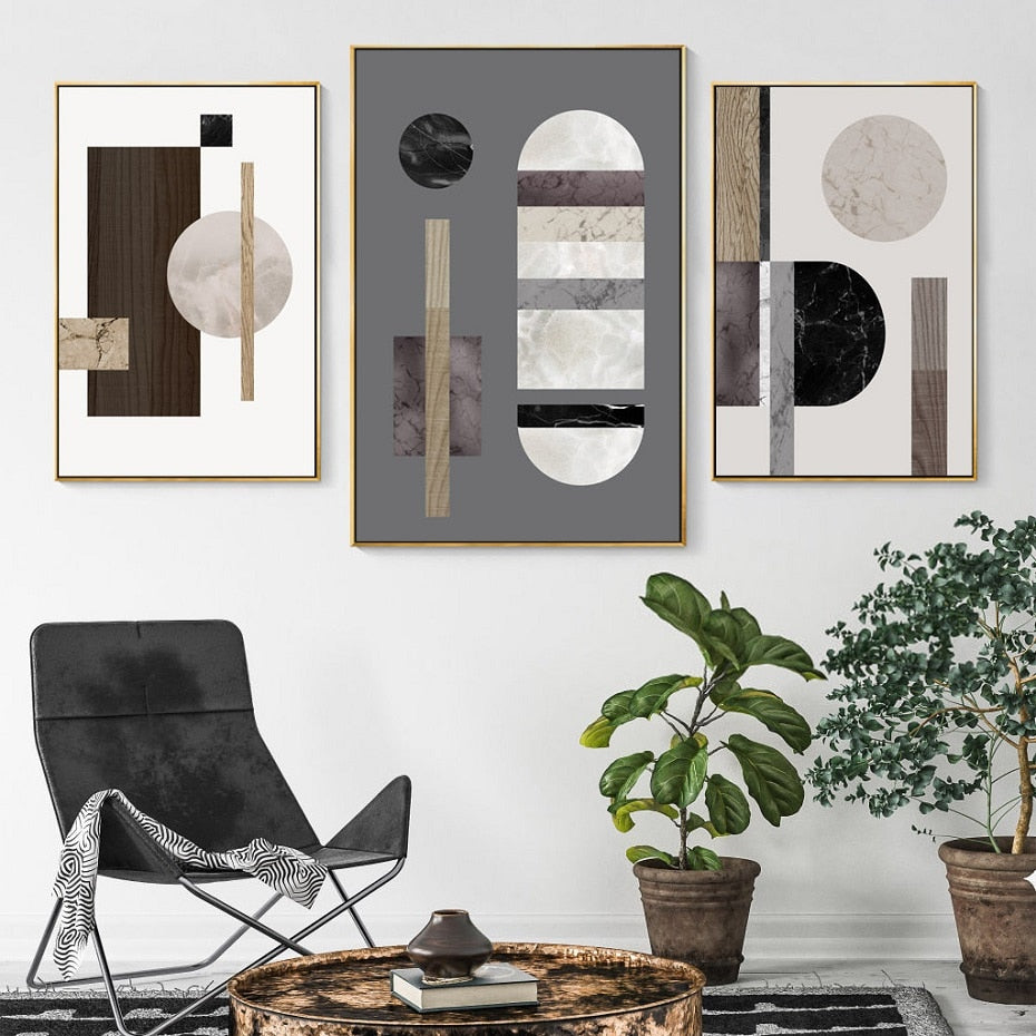 Modern Abstract Geometric Nordic Wall Art Marble And Wood Style Contemporary Scandinavian Design Home Decor Fine Art Canvas Prints