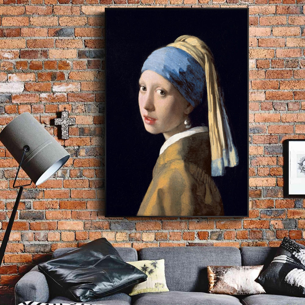 Famous Painting Girl With a Pearl Earring by Jan Vermeer, Dutch Golden Age Oil Painting Fine Art Canvas Print Posters For Home Decor