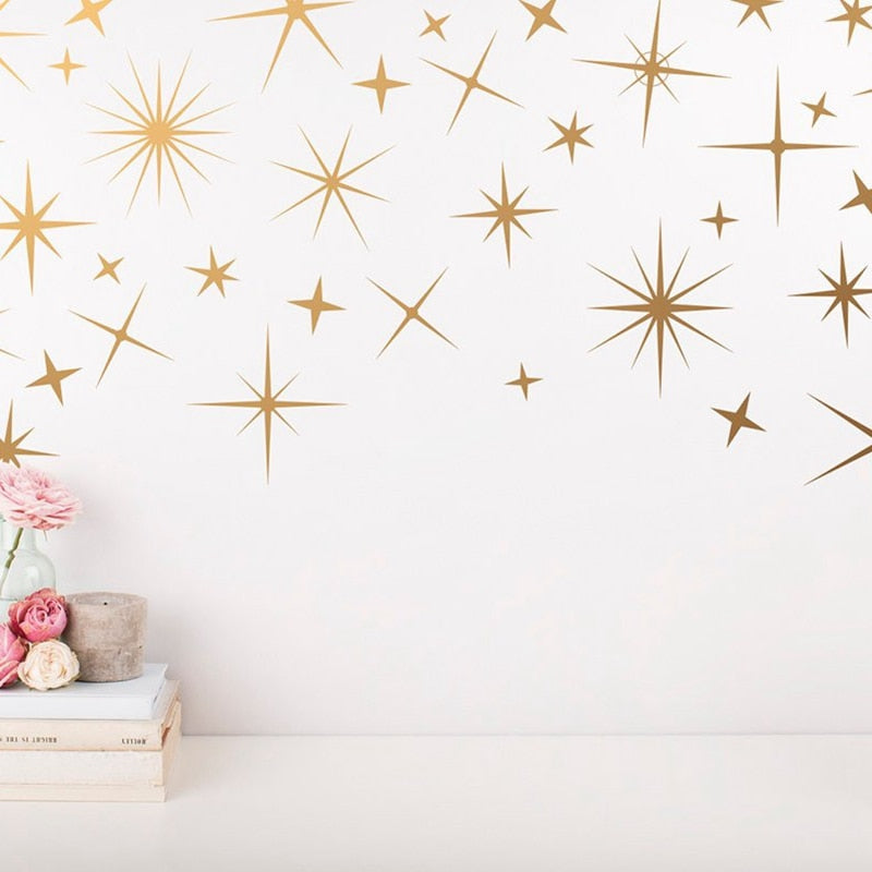 Starry Nights Golden Star Wall Decals For Kids Bedroom Removable PVC Vinyl Wall Murals For Living Room Dining Room Creative DIY Nursery Wall Decoration