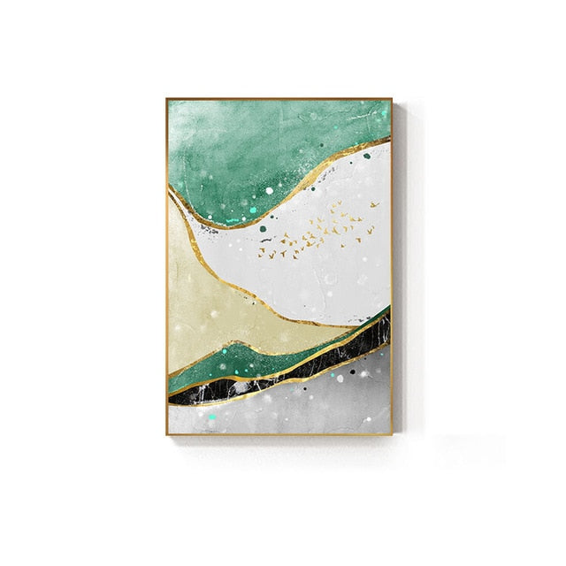 Modern Abstract Golden Green Marble Wall Art Contemporary Nordic Fine Art Canvas Prints For Office Or Home Living Room Wall Decoration