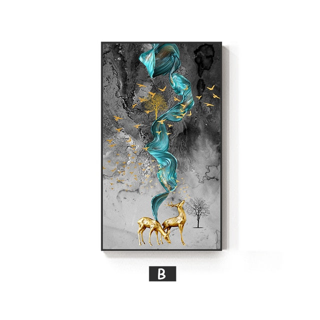 Abstract Golden Stags Auspicious Wall Art Fine Art Canvas Prints Pictures For Living Room Entryway Bedroom Modern Home Decor