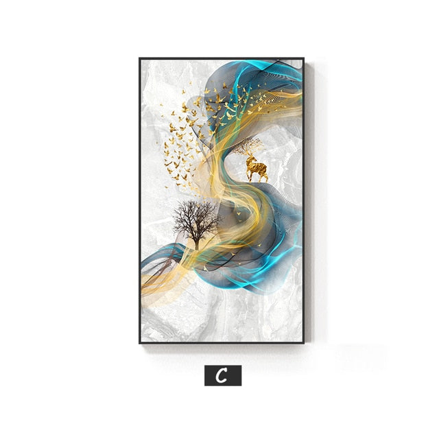 Abstract Golden Stags Auspicious Wall Art Fine Art Canvas Prints Pictures For Living Room Entryway Bedroom Modern Home Decor