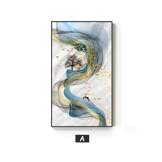 Abstract Golden Stags Auspicious Wall Art Fine Art Canvas Prints Pictures For Living Room Entryway Bedroom Modern Home Decor